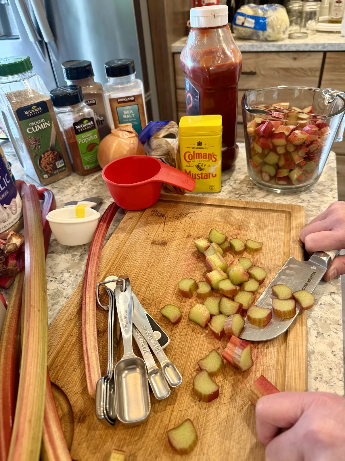 Ingredients for Cabin and Crumb Smoky Rhubarb BBQ Sauce laid out on the counter